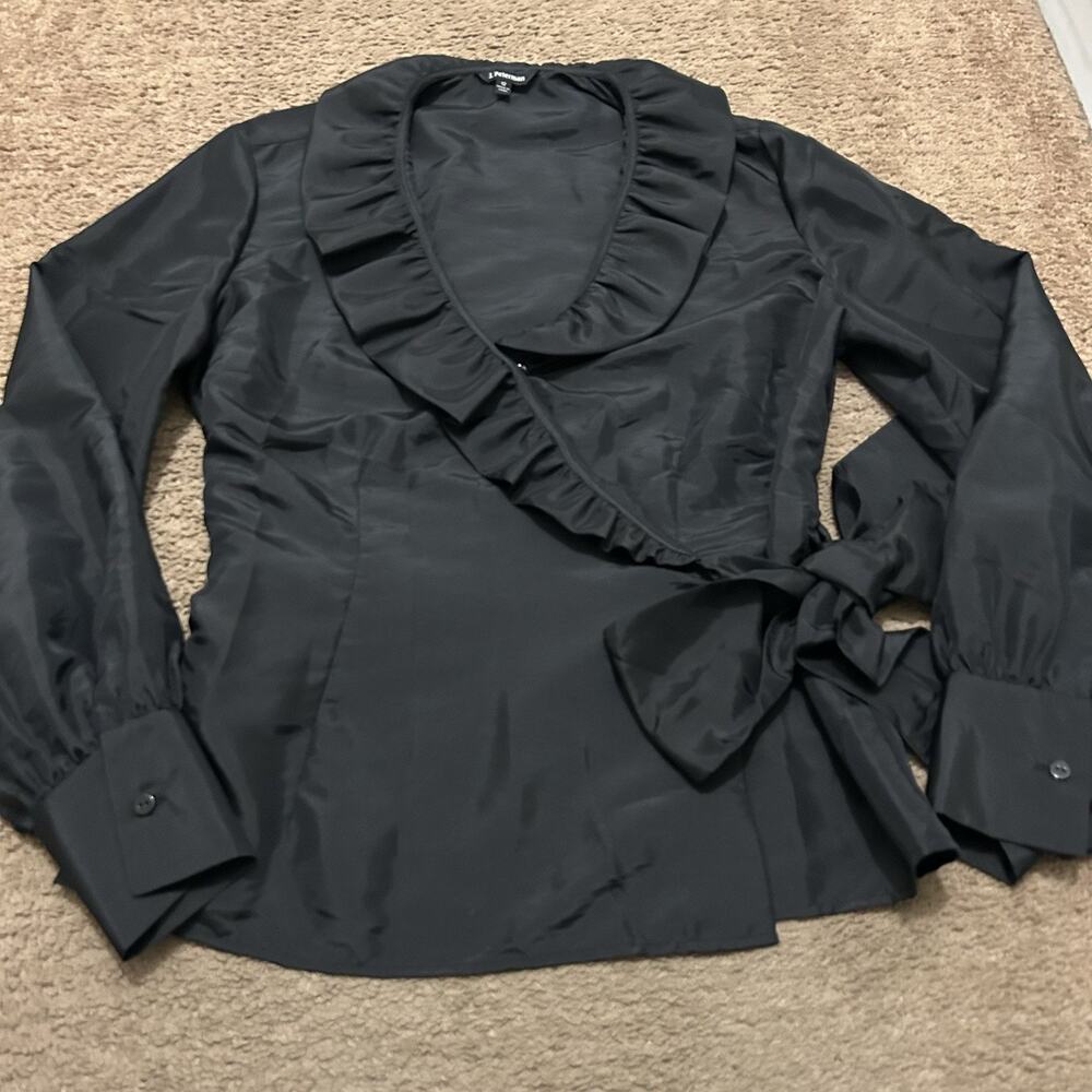 J. PETERMAN Top Womens Black Ruffle Self Tie Wrap Blouse Size 12